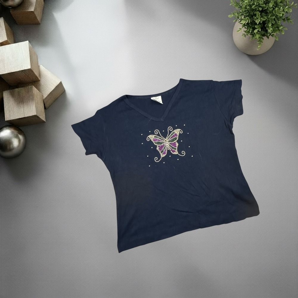 Get Lucky Vintage Y2K Navy Blue Bedazzled Butterfly V-Neck Graphic Tee Large